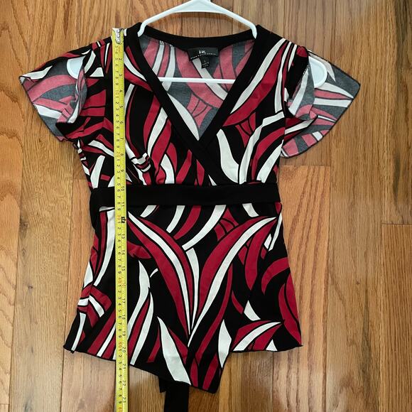 Y2K Babydoll Top Womens Small Faux Wrap Top w/ Split Sleeves Red Black Iz Byer - Picture 8 of 8